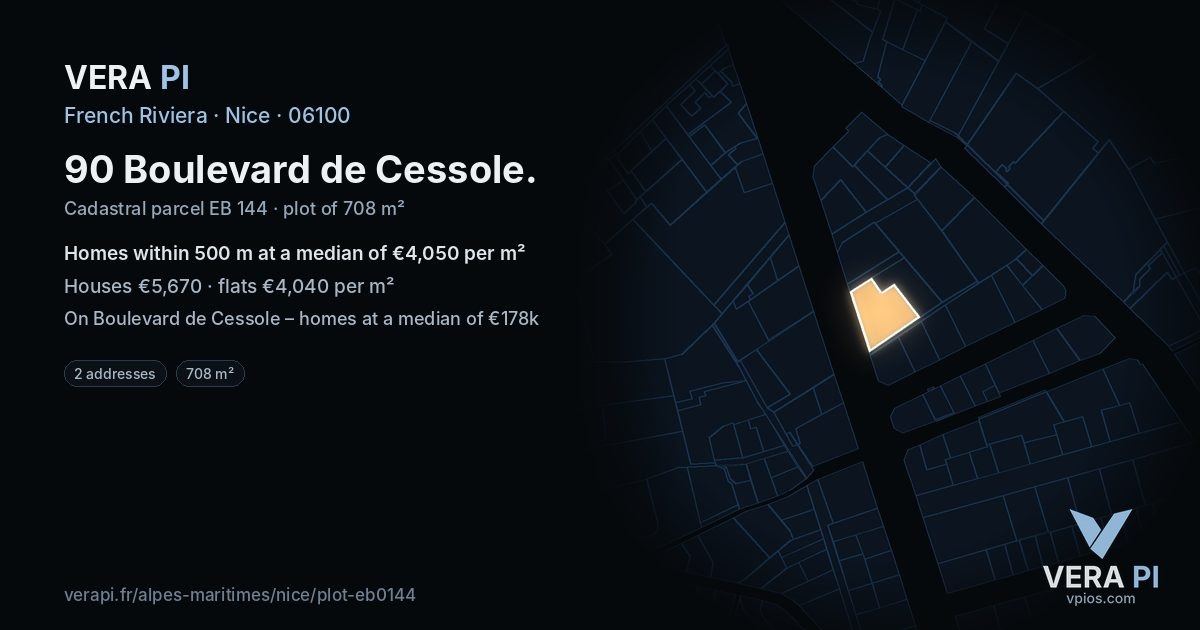 90 Boulevard de Cessole, Nice at night – the plot lit, the parcels around coloured by the prices near them