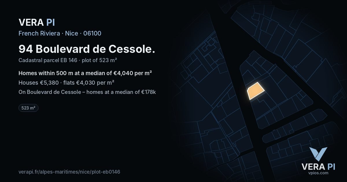 94 Boulevard de Cessole, Nice at night – the plot lit, the parcels around coloured by the prices near them
