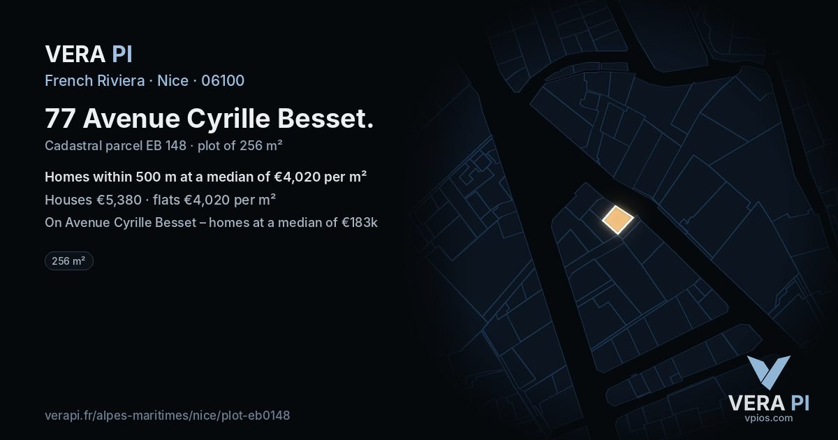 77 Avenue Cyrille Besset, Nice at night – the plot lit, the parcels around coloured by the prices near them