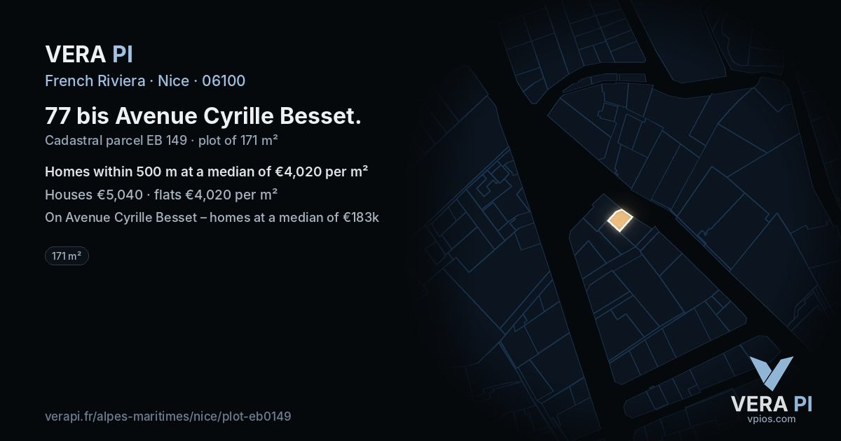77 bis Avenue Cyrille Besset, Nice at night – the plot lit, the parcels around coloured by the prices near them