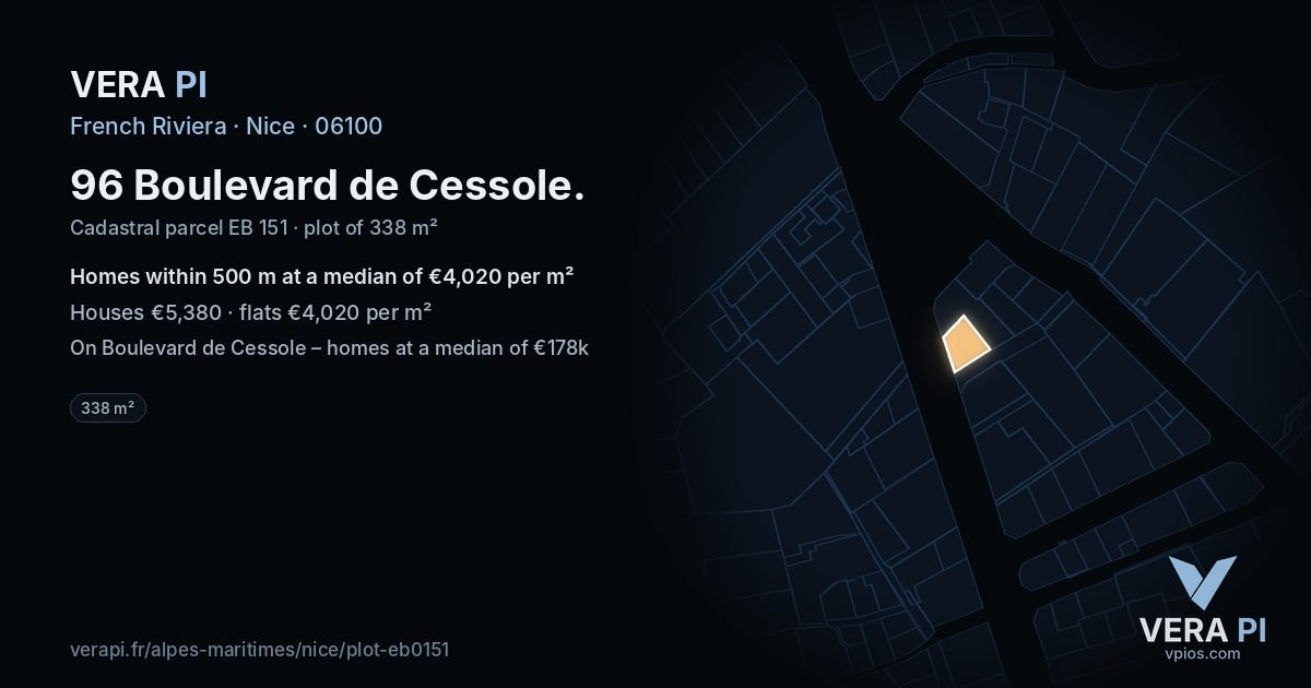 96 Boulevard de Cessole, Nice at night – the plot lit, the parcels around coloured by the prices near them