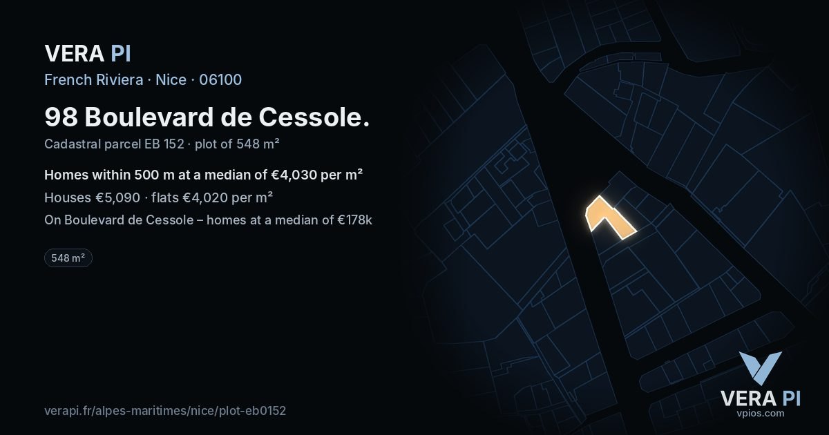 98 Boulevard de Cessole, Nice at night – the plot lit, the parcels around coloured by the prices near them