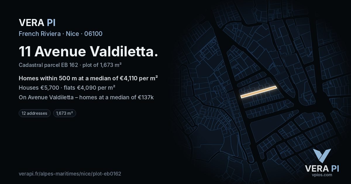 11 Avenue Valdiletta, Nice at night – the plot lit, the parcels around coloured by the prices near them