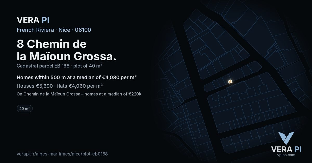 8 Chemin de la Maïoun Grossa, Nice at night – the plot lit, the parcels around coloured by the prices near them