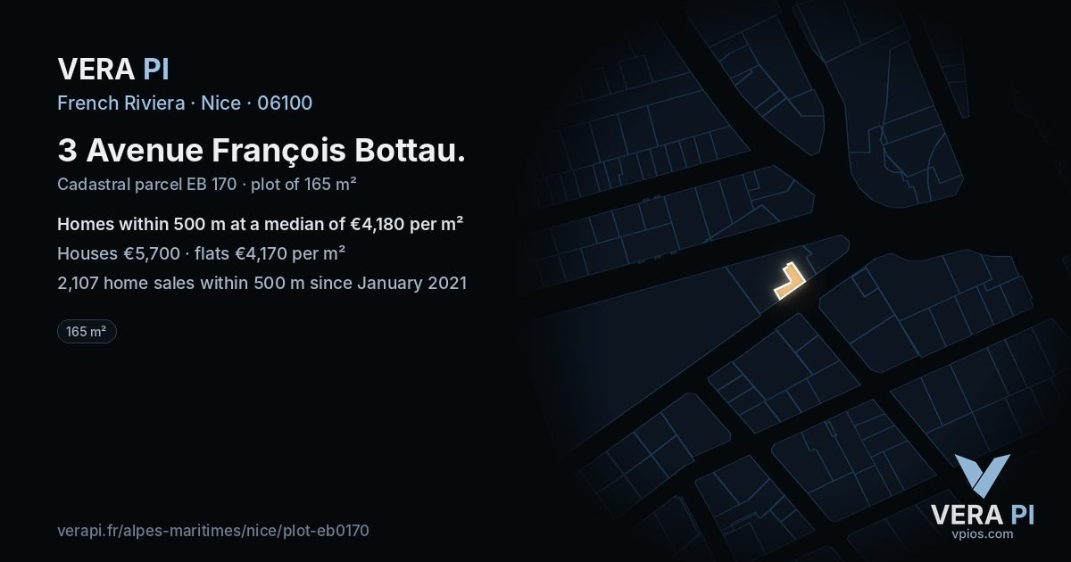 3 Avenue François Bottau, Nice at night – the plot lit, the parcels around coloured by the prices near them