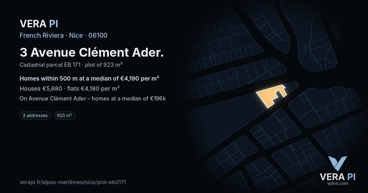 3 Avenue Clément Ader, Nice at night – the plot lit, the parcels around coloured by the prices near them
