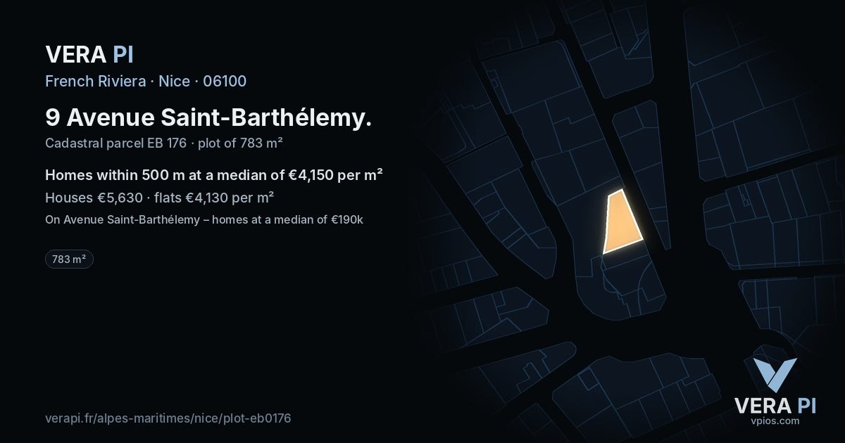 9 Avenue Saint-Barthélemy, Nice at night – the plot lit, the parcels around coloured by the prices near them