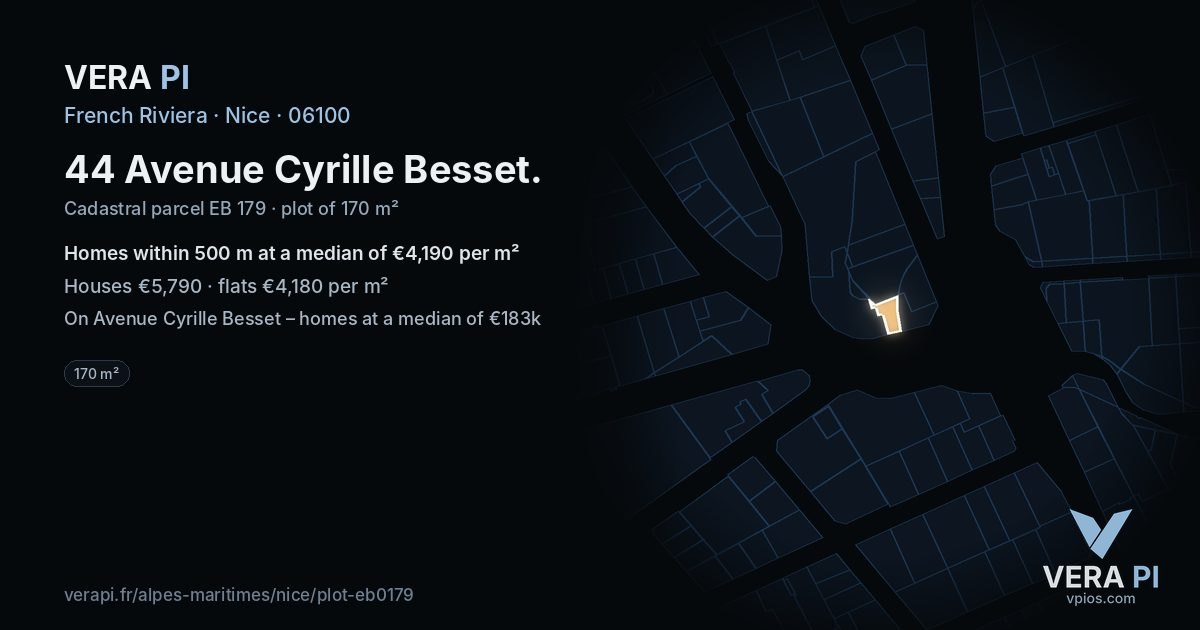 44 Avenue Cyrille Besset, Nice at night – the plot lit, the parcels around coloured by the prices near them