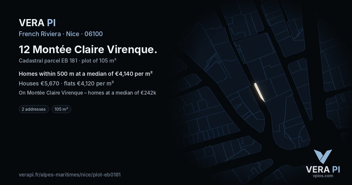 12 Montée Claire Virenque, Nice at night – the plot lit, the parcels around coloured by the prices near them