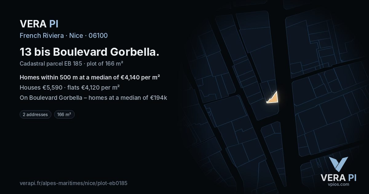 13 bis Boulevard Gorbella, Nice at night – the plot lit, the parcels around coloured by the prices near them