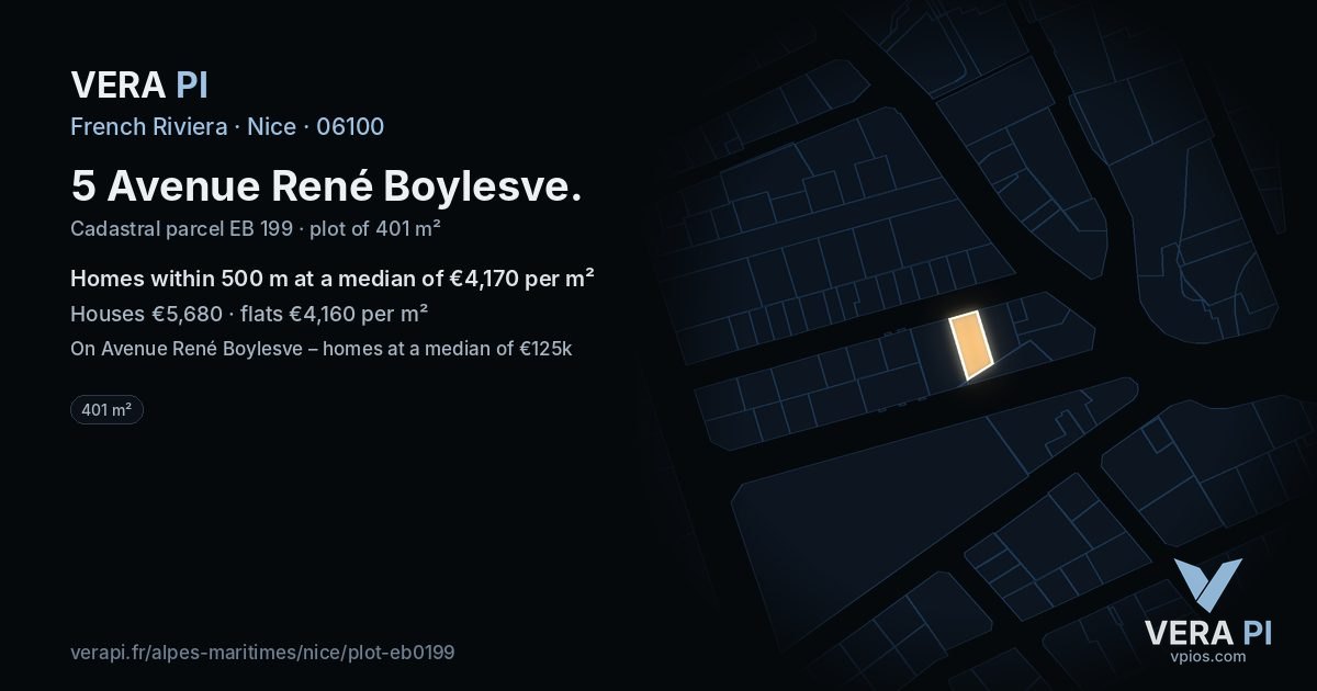 5 Avenue René Boylesve, Nice at night – the plot lit, the parcels around coloured by the prices near them