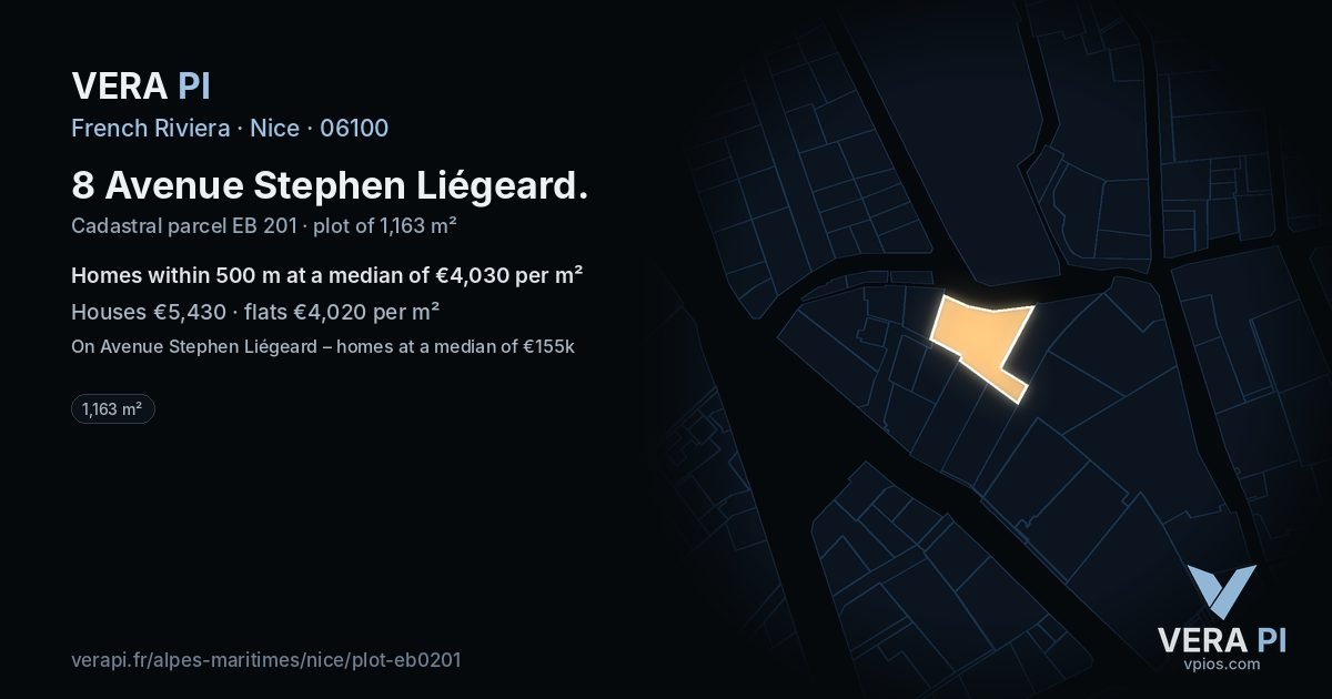 8 Avenue Stephen Liégeard, Nice at night – the plot lit, the parcels around coloured by the prices near them