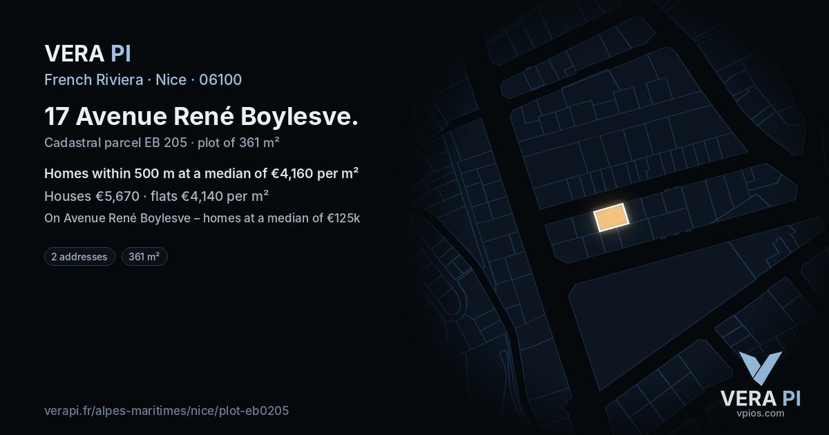 17 Avenue René Boylesve, Nice at night – the plot lit, the parcels around coloured by the prices near them