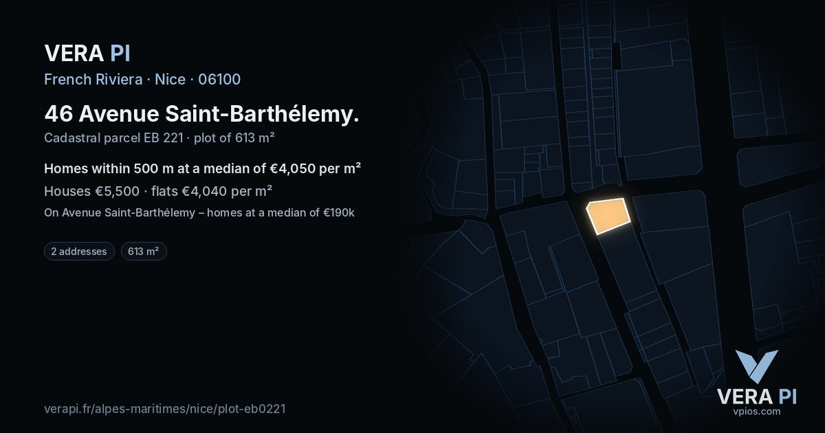 46 Avenue Saint-Barthélemy, Nice at night – the plot lit, the parcels around coloured by the prices near them