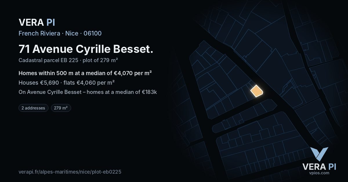 71 Avenue Cyrille Besset, Nice at night – the plot lit, the parcels around coloured by the prices near them