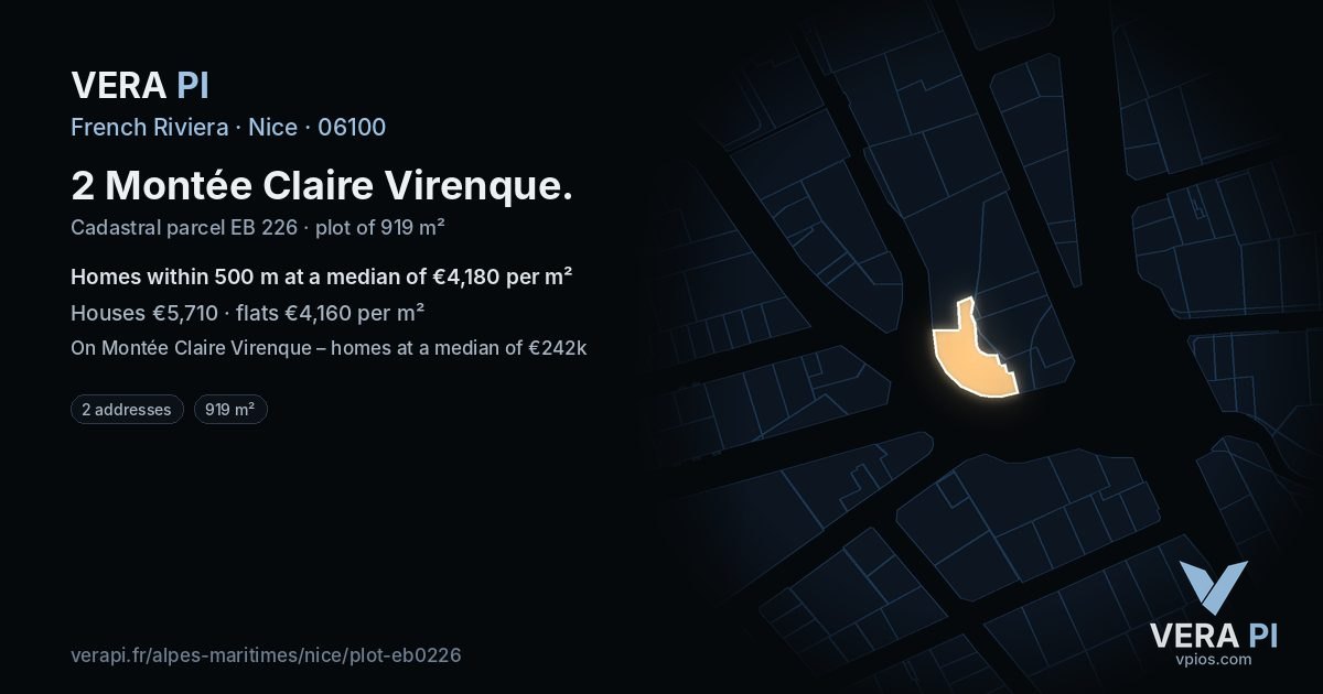 2 Montée Claire Virenque, Nice at night – the plot lit, the parcels around coloured by the prices near them