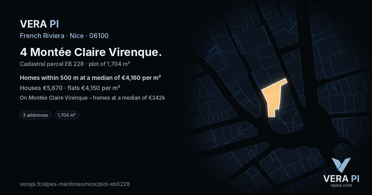 4 Montée Claire Virenque, Nice at night – the plot lit, the parcels around coloured by the prices near them
