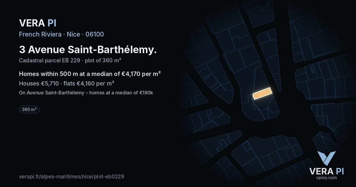 3 Avenue Saint-Barthélemy, Nice at night – the plot lit, the parcels around coloured by the prices near them