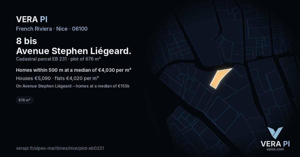 8 bis Avenue Stephen Liégeard, Nice at night – the plot lit, the parcels around coloured by the prices near them