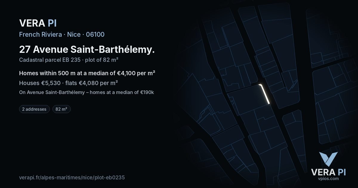 27 Avenue Saint-Barthélemy, Nice at night – the plot lit, the parcels around coloured by the prices near them