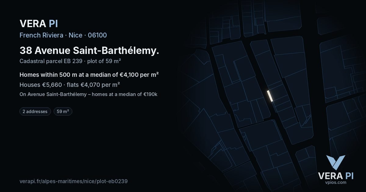 38 Avenue Saint-Barthélemy, Nice at night – the plot lit, the parcels around coloured by the prices near them