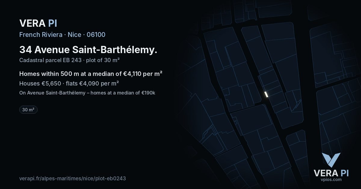 34 Avenue Saint-Barthélemy, Nice at night – the plot lit, the parcels around coloured by the prices near them