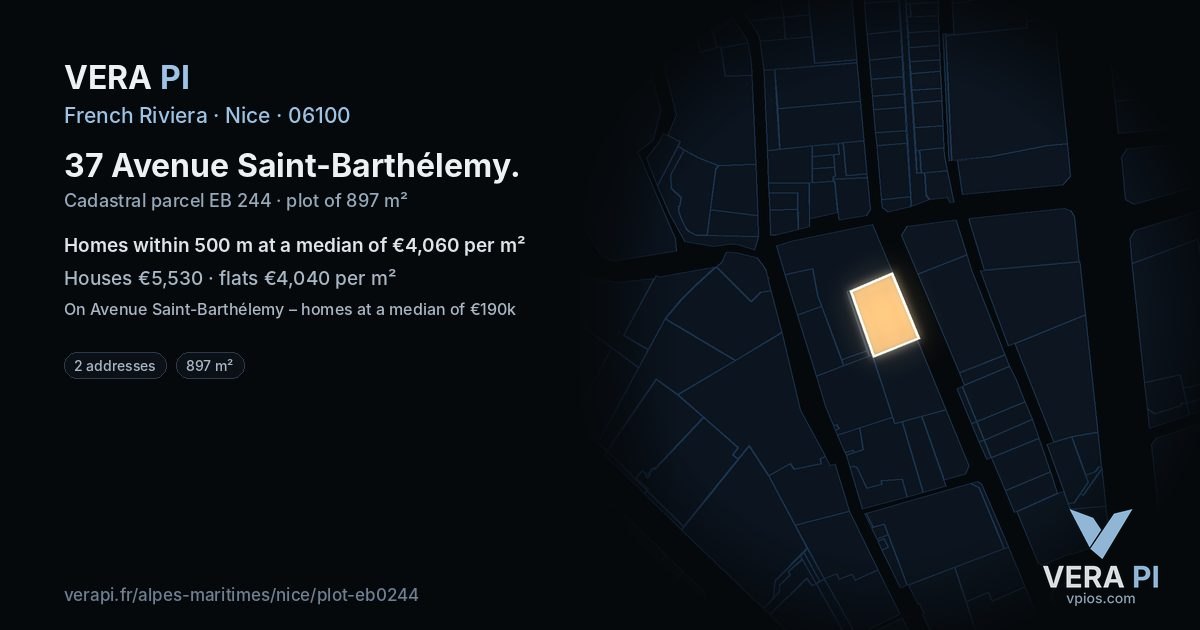37 Avenue Saint-Barthélemy, Nice at night – the plot lit, the parcels around coloured by the prices near them