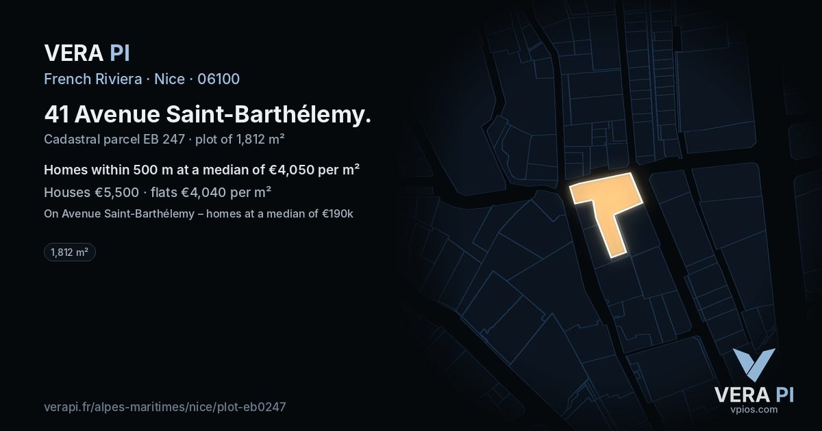 41 Avenue Saint-Barthélemy, Nice at night – the plot lit, the parcels around coloured by the prices near them