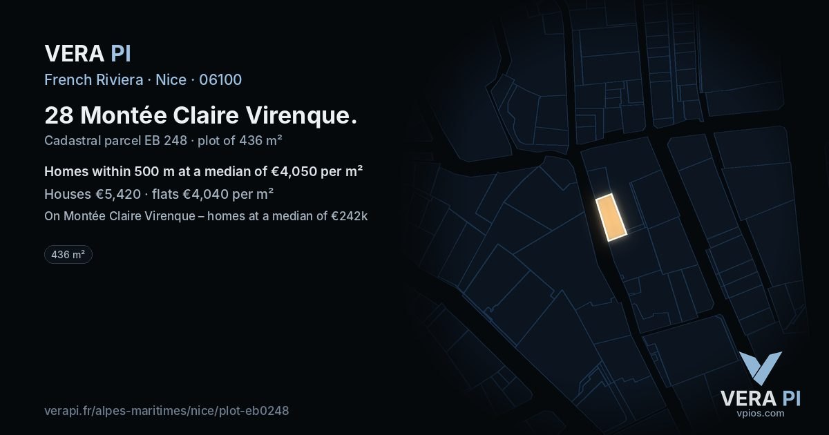 28 Montée Claire Virenque, Nice at night – the plot lit, the parcels around coloured by the prices near them
