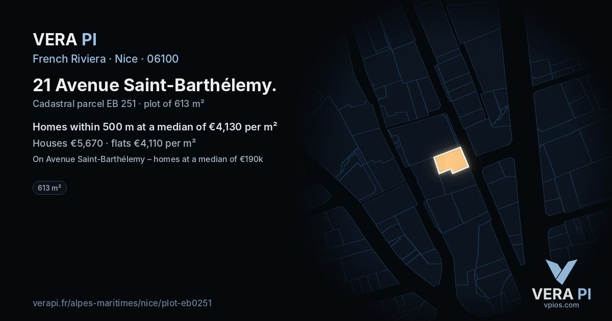 21 Avenue Saint-Barthélemy, Nice at night – the plot lit, the parcels around coloured by the prices near them