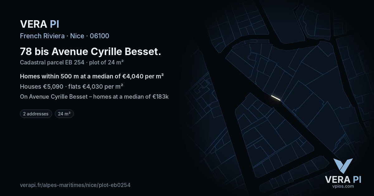 78 bis Avenue Cyrille Besset, Nice at night – the plot lit, the parcels around coloured by the prices near them