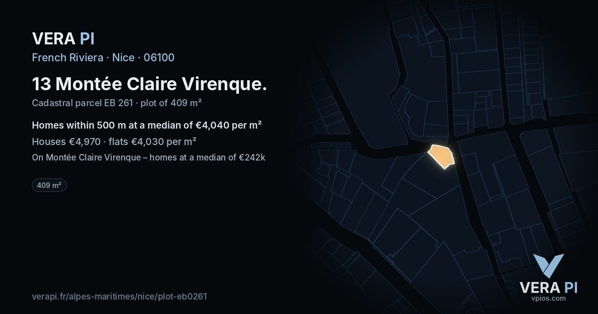 13 Montée Claire Virenque, Nice at night – the plot lit, the parcels around coloured by the prices near them