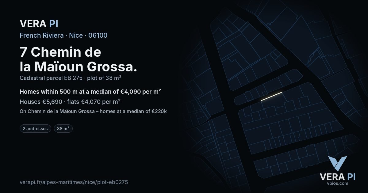 7 Chemin de la Maïoun Grossa, Nice at night – the plot lit, the parcels around coloured by the prices near them