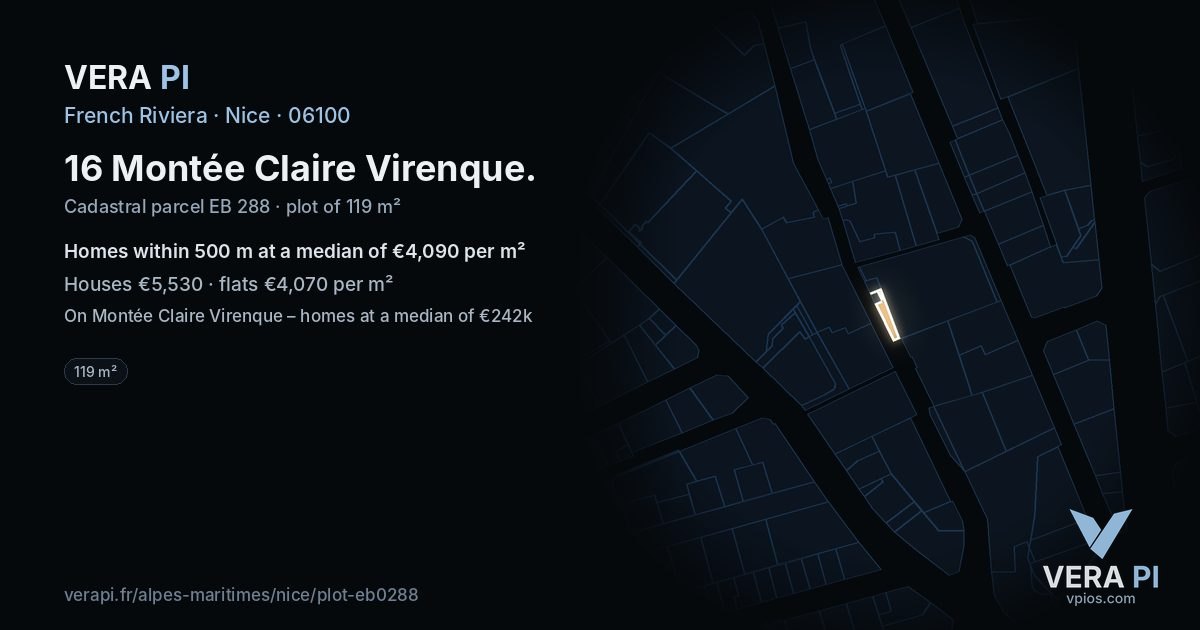 16 Montée Claire Virenque, Nice at night – the plot lit, the parcels around coloured by the prices near them