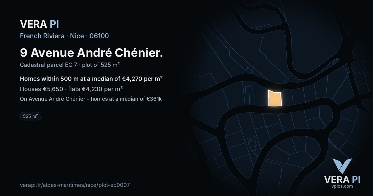 9 Avenue André Chénier, Nice at night – the plot lit, the parcels around coloured by the prices near them