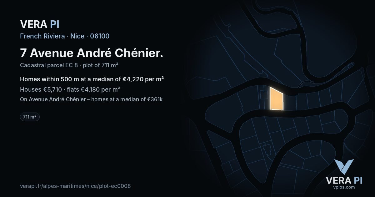 7 Avenue André Chénier, Nice at night – the plot lit, the parcels around coloured by the prices near them