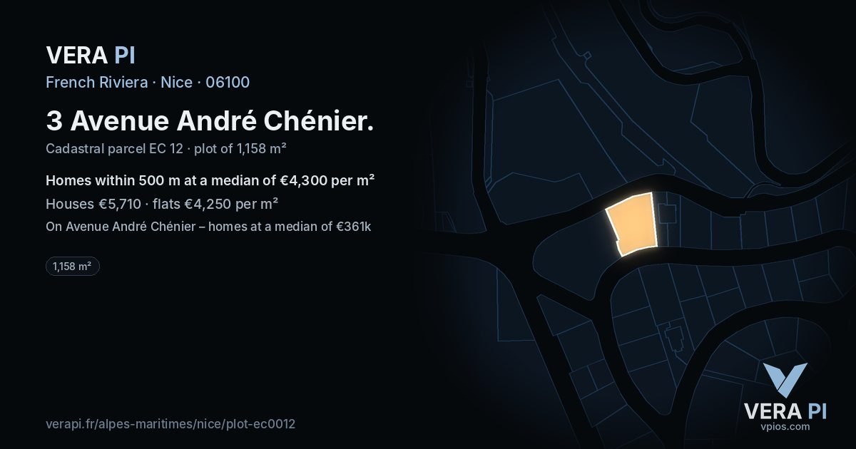 3 Avenue André Chénier, Nice at night – the plot lit, the parcels around coloured by the prices near them