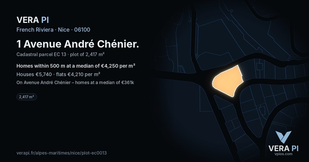 1 Avenue André Chénier, Nice at night – the plot lit, the parcels around coloured by the prices near them