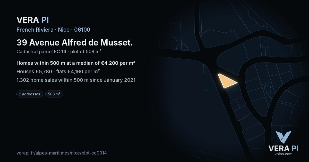 39 Avenue Alfred de Musset, Nice at night – the plot lit, the parcels around coloured by the prices near them