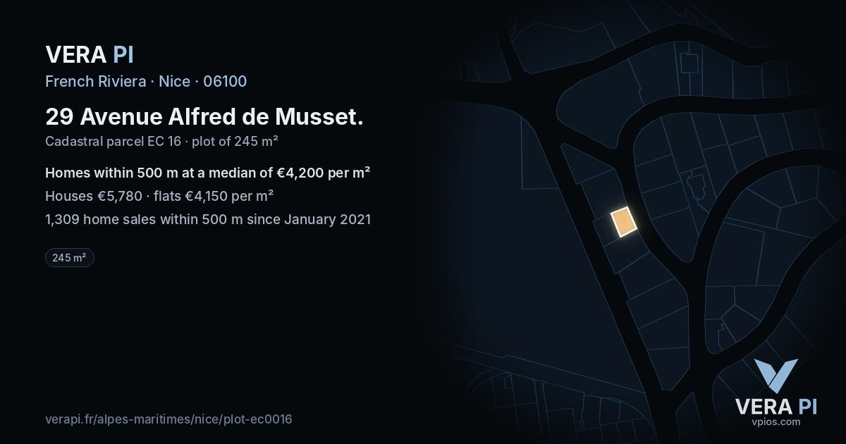 29 Avenue Alfred de Musset, Nice at night – the plot lit, the parcels around coloured by the prices near them