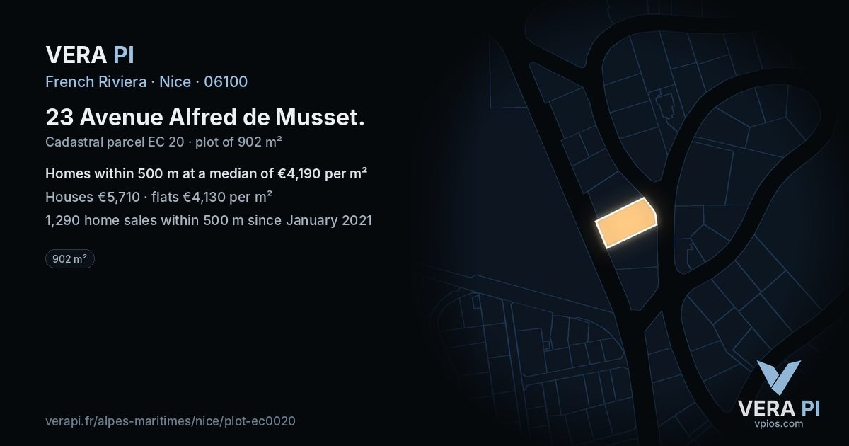 23 Avenue Alfred de Musset, Nice at night – the plot lit, the parcels around coloured by the prices near them