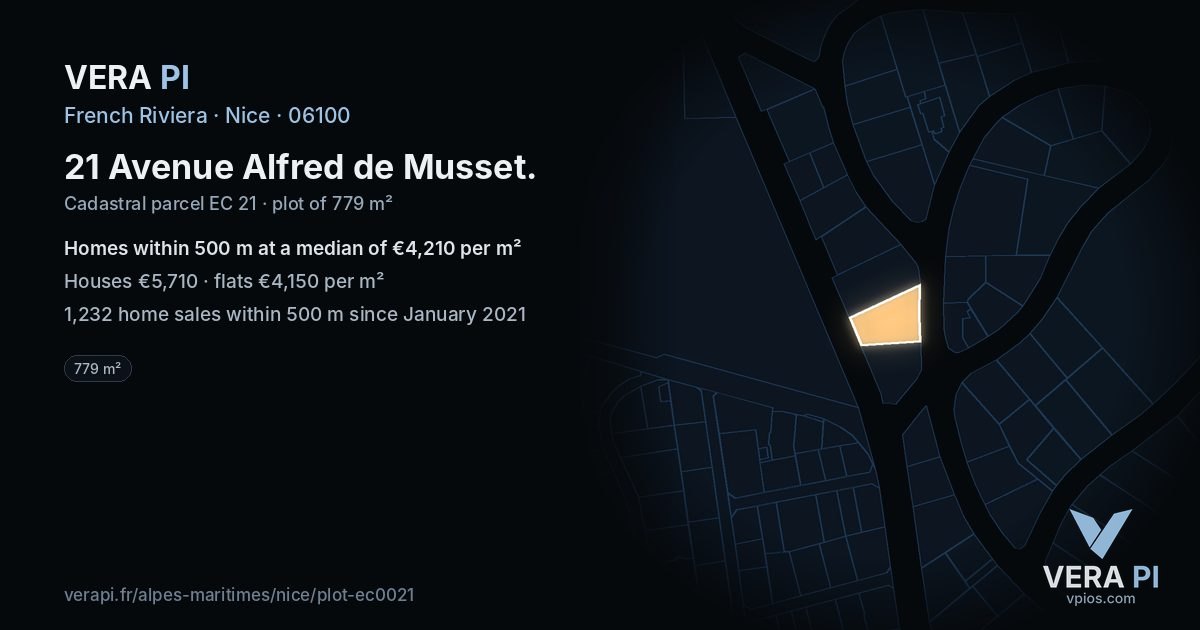 21 Avenue Alfred de Musset, Nice at night – the plot lit, the parcels around coloured by the prices near them