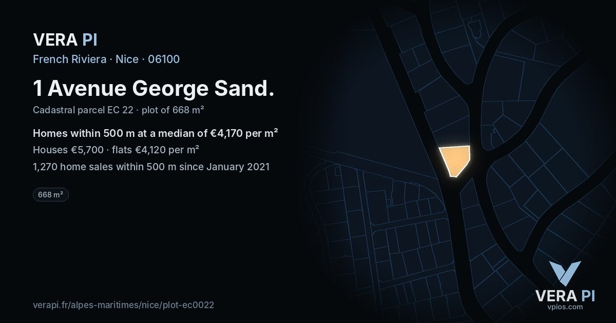 1 Avenue George Sand, Nice at night – the plot lit, the parcels around coloured by the prices near them