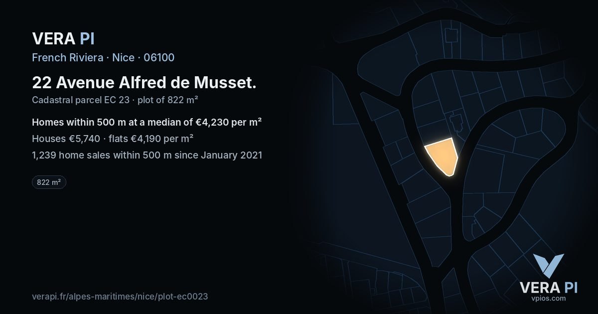 22 Avenue Alfred de Musset, Nice at night – the plot lit, the parcels around coloured by the prices near them