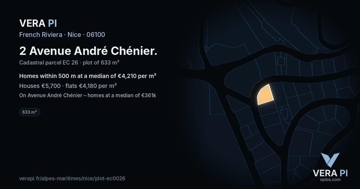 2 Avenue André Chénier, Nice at night – the plot lit, the parcels around coloured by the prices near them
