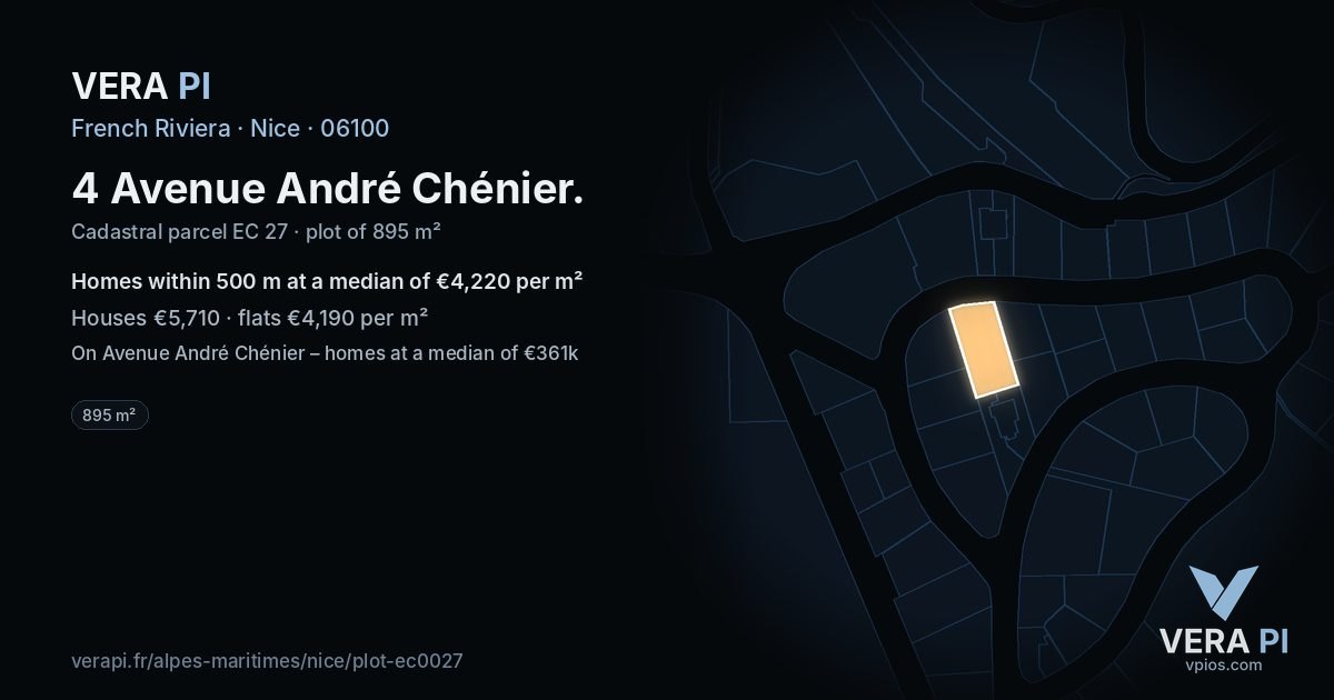 4 Avenue André Chénier, Nice at night – the plot lit, the parcels around coloured by the prices near them