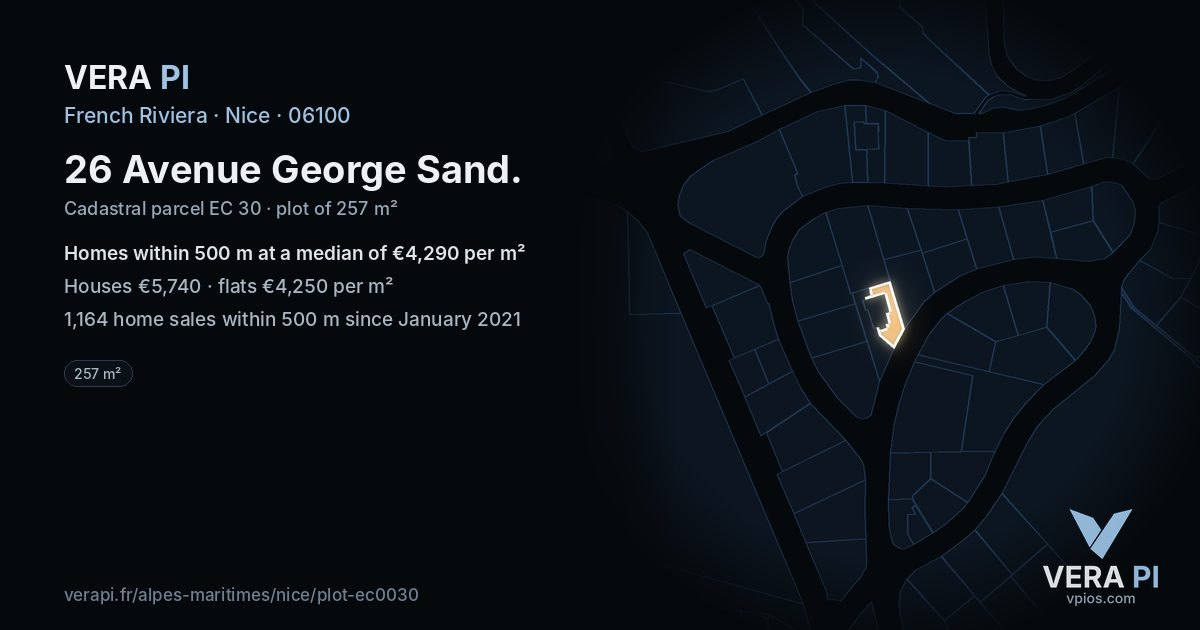 26 Avenue George Sand, Nice at night – the plot lit, the parcels around coloured by the prices near them