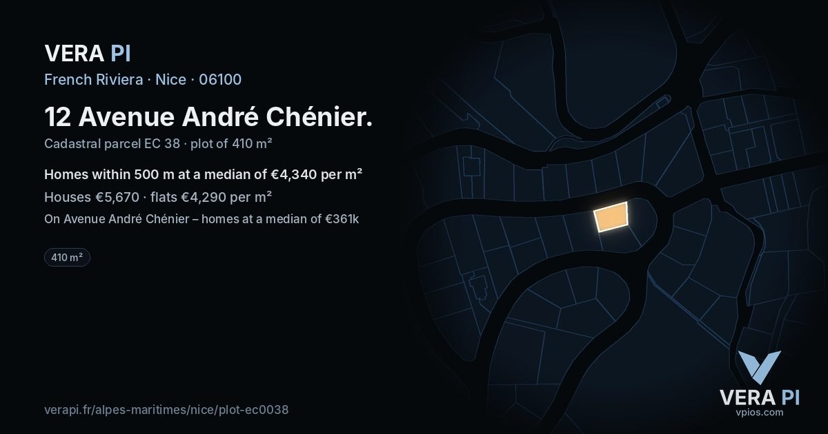 12 Avenue André Chénier, Nice at night – the plot lit, the parcels around coloured by the prices near them