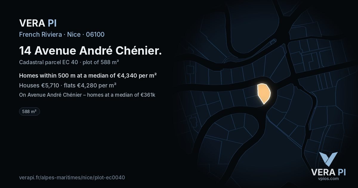 14 Avenue André Chénier, Nice at night – the plot lit, the parcels around coloured by the prices near them
