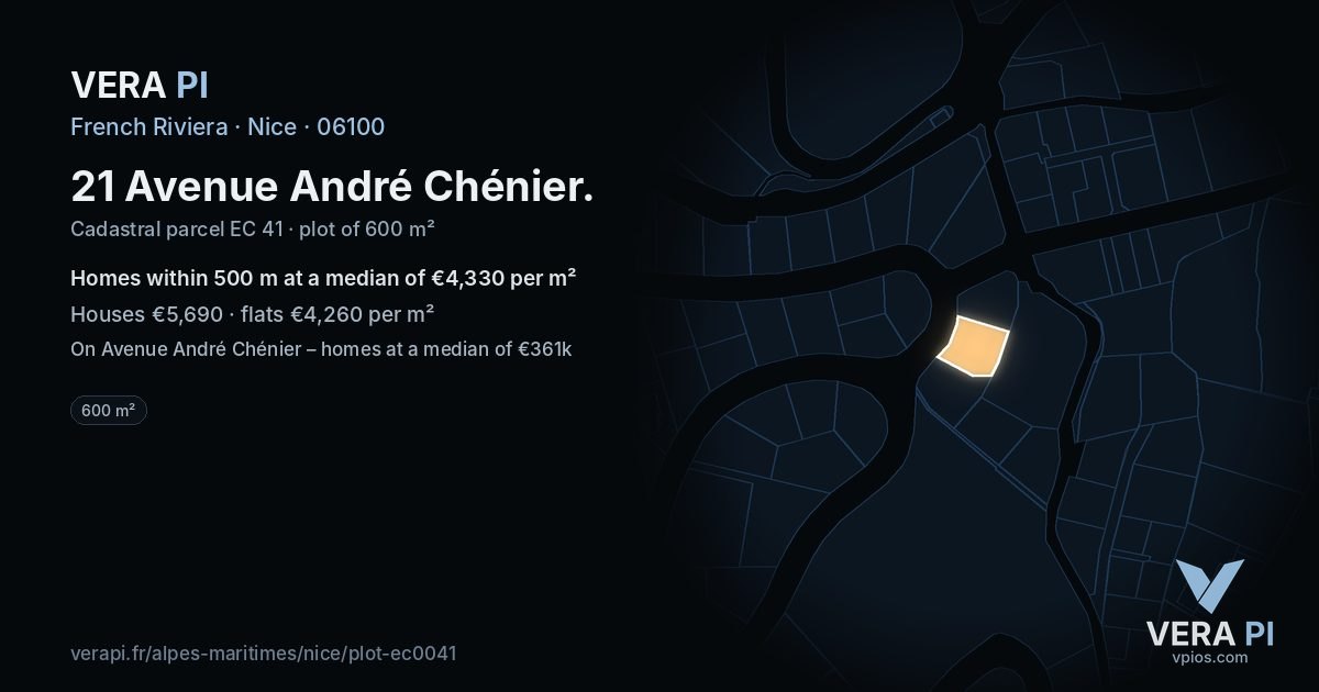 21 Avenue André Chénier, Nice at night – the plot lit, the parcels around coloured by the prices near them